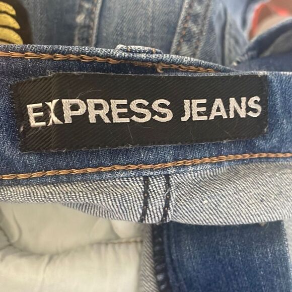 Express High Waist Cut Off Jean Shorts with Patches 6 - Picture 7 of 11